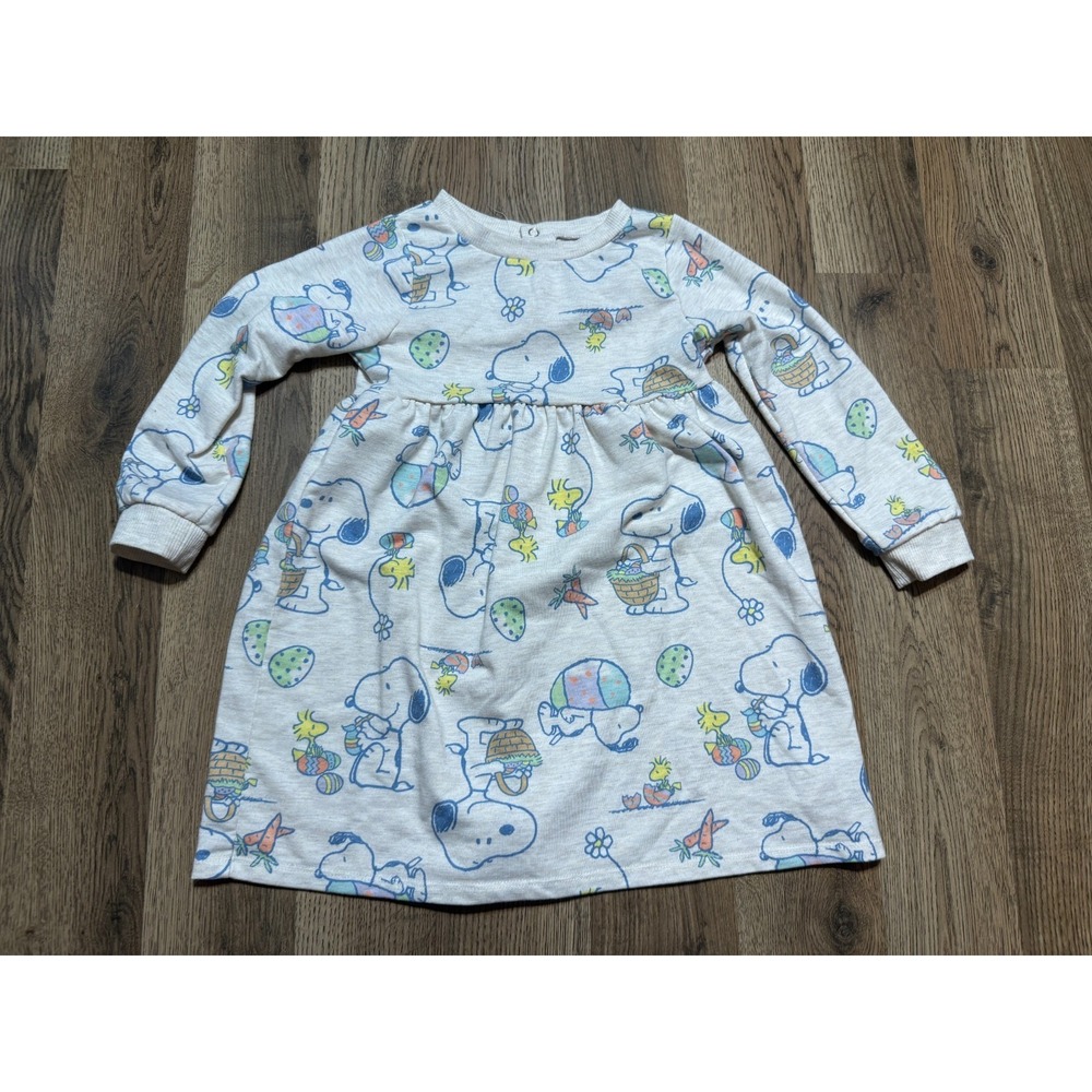 Peanuts Dress, Toddler Girls Size 4T, White Blue, Crewneck, Long Sleeve